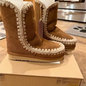 Mou Chestnut Suede Women's Stitch-Trim Mid-Calf Boot